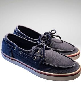 Nautica Men's Navy Canvas Lace-Up Boat Shoes with Red-Trim Sole